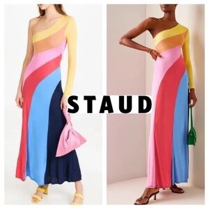 STAUD SERENA WARM CAPRI MULTI Colorblock Jersey One Shoulder Rainbow Maxi Dress